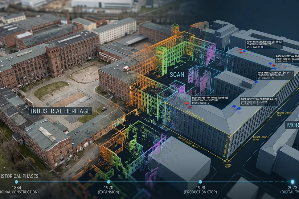 KI-generiertes Bild auf Basis der "Alten Spinnerei" in Leipzig, zur Verdeutlichung von Visualisierungstechnologien