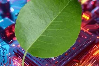 Green leaf on circuit board (placeholder image for sustainable semiconductors)