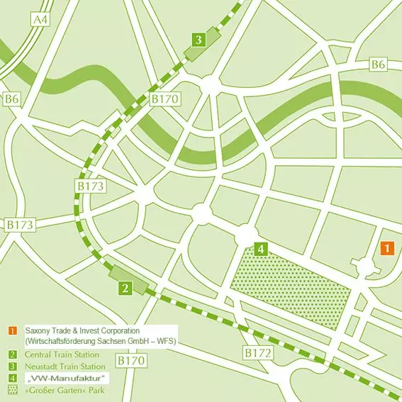 Map: Corporate offices of the Saxony Trade & Invest Corp. (WFS - Wirtschaftsförderung Sachsen GmbH) in Dresden