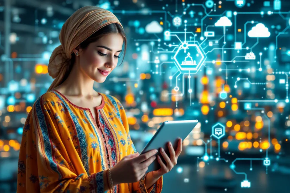 Usbekische Frau mit Tablet und Symbolen zu Industrie im HIntergrund