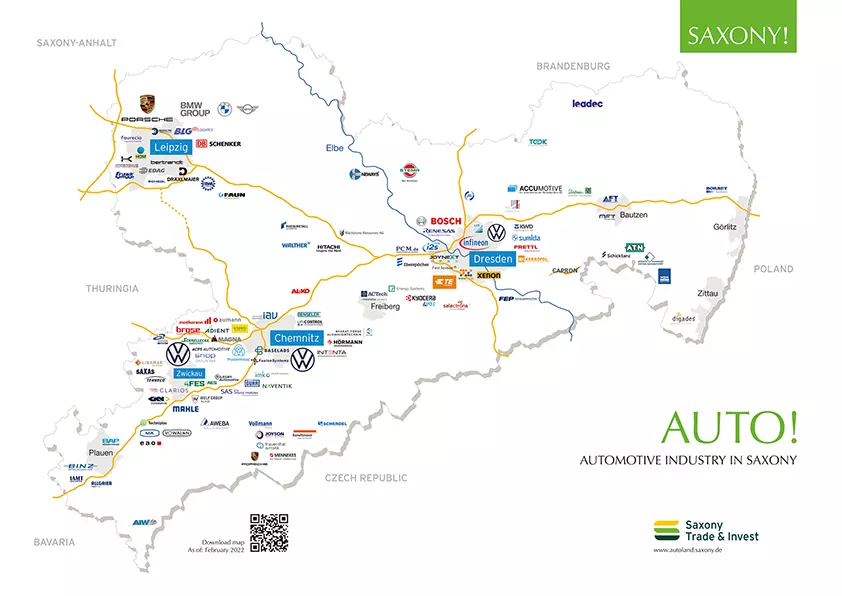Overview Map "Autoland Saxony" (Source: Saxony Trade & Invest Corp. - WFS)