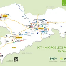 Map of Saxony with logos of selected companies in the ICT / microelectronics sector in Saxony