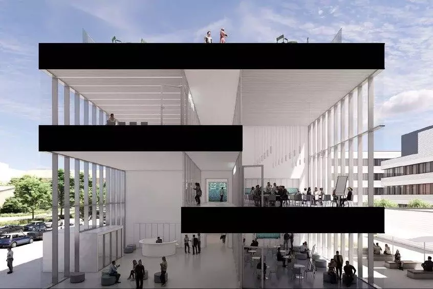 Cross-section of the new COLM research building, showing the entrance hall and connecting corridor. The project is being developed by the Saxon State Real Estate and Construction Management Agency.