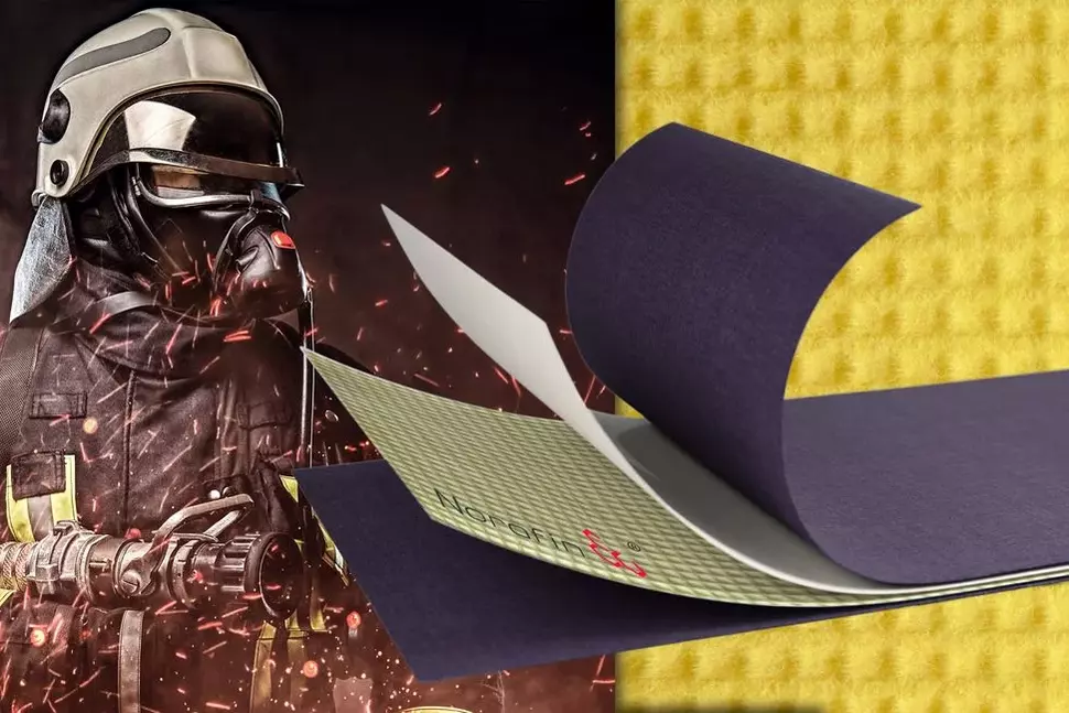 Firefighter in heat protection suit and view of the layered structure of Norafin's protective fabric