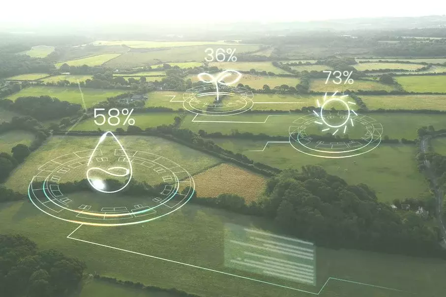 Visualization of smart farming: drone perspective over a landscape with fields. Symbols superimposed to indicate the status of individual fields (water, sun, fertilization).
