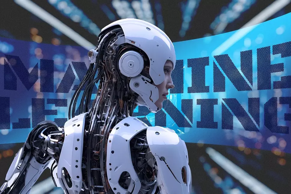 Robot with human face in front of virtual wall with the words “Machine Learning”