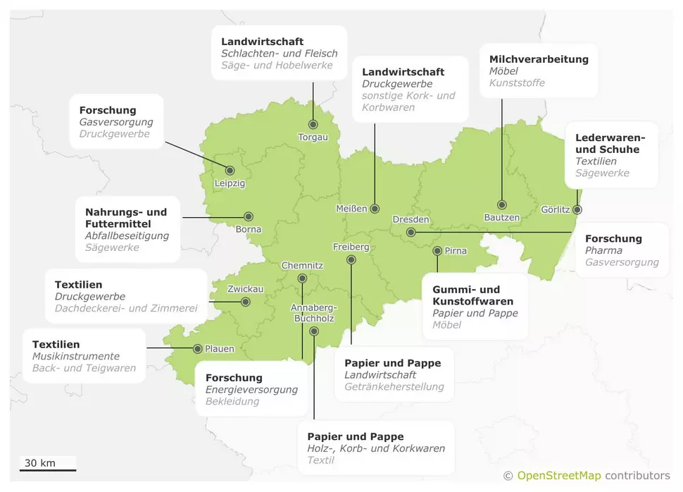 Map: Potential sectors of the bioeconomy in Saxony (Source: OpenStreetMap contributors / DBFZ)
