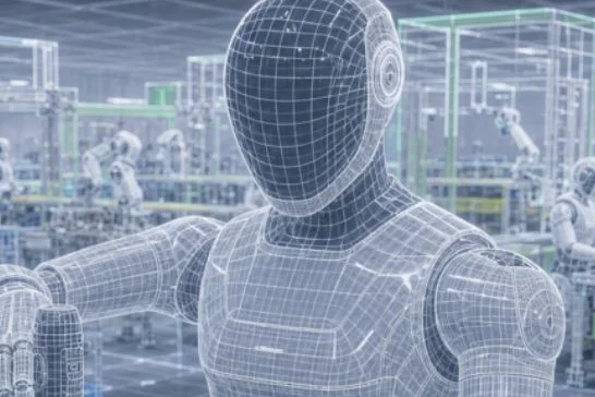 Futuristische Illustration eines humanoiden Roboters in der Produktion
