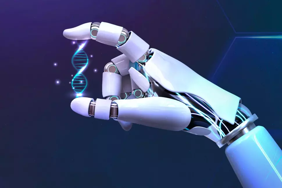 Roboterhand hält Doppelhelix - KI-generiertes Bild zu KI in der Biomedizin