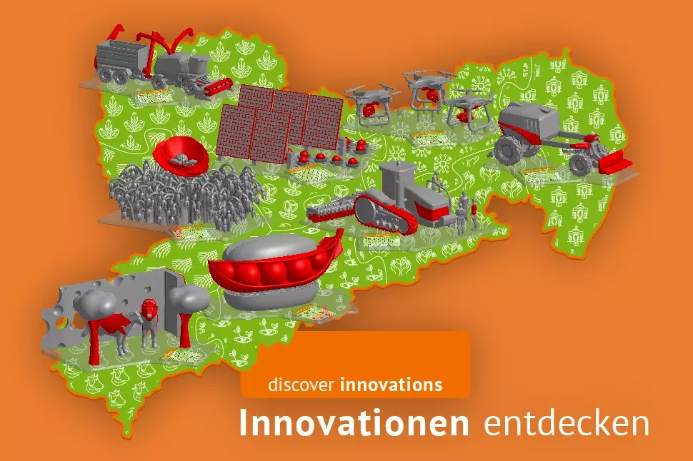 Ansicht "Entdeckermodul" AgriFood-Innovatiosprojekte in Sachsen (3D, Sachsen-Umriss mit 3D-Objekten)
