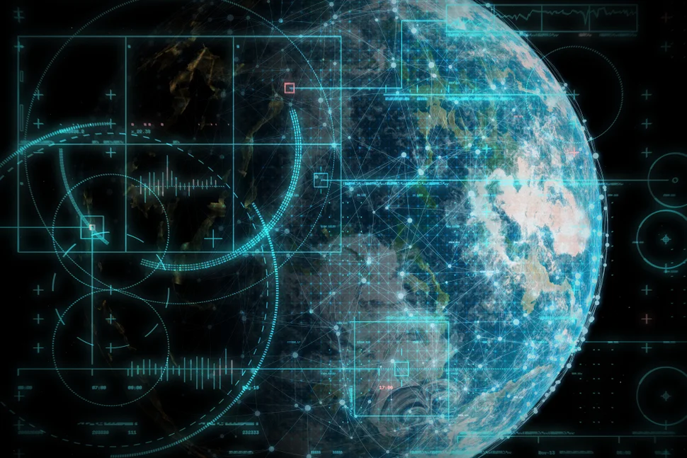Visualization of Satellite Communications (Earth as seen from space, with communication flows visualized)