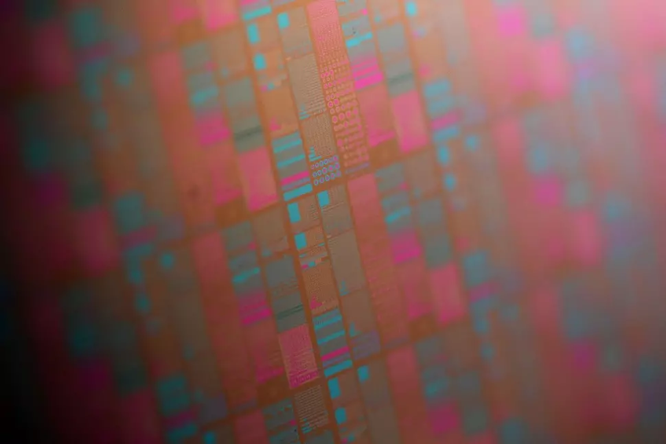 Close-up (Dieshot) of ferroelectric memory chips on a 300 mm wafer from Fraunhofer IPMS