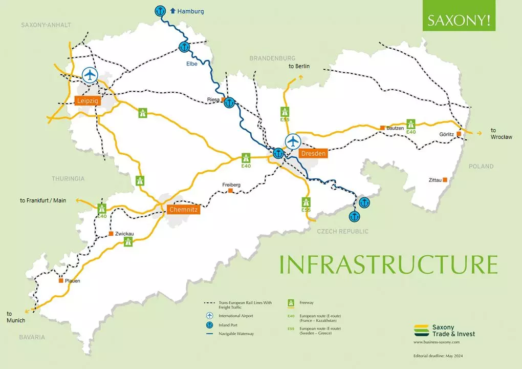 Map: Saxony's Infrastructure (Source: Saxony Trade & Invest Corp. - WFS)